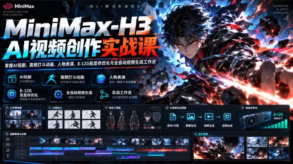 MiniMax-H3 AI视频创作实战课，掌握AI短剧、高燃打斗动画、人物表演、8-12G低显存优化与全自动视频生成工作流