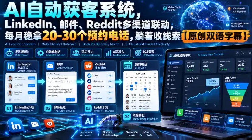 【无水印】AI自动获客系统,LinkedIn、邮件、Reddit多渠道联动,每月稳拿20-30个预约电话,躺着收线索【原创双语字幕】